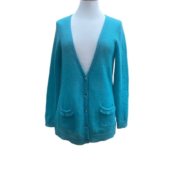 Boden Teal Mohair Blend  Knit V-Neck Cardigan Sweater - US Women's Size 10 - Picture 12 of 14